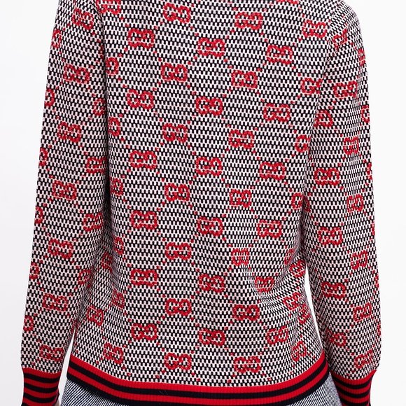 Gucci Ivory, Blue, and Red Wool Cardigan with GG Pattern NEW WITH TAGS - Picture 4 of 9